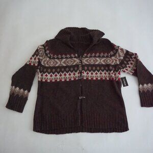 Vintage NorthCrest Brown Fair Isle Nordic Shawl Collar Toggle Ribbed Cardigan 2X